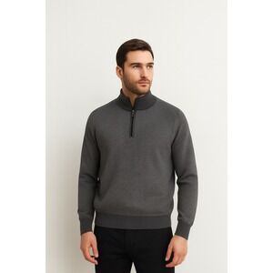 Mercer Blue Men XL Merino Cotton Half Zip Sweater Gray Knit Herringbone Pullover